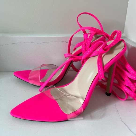 Pink lace up heels with transparent strap, size 7. Worn once. - Picture 2 of 3
